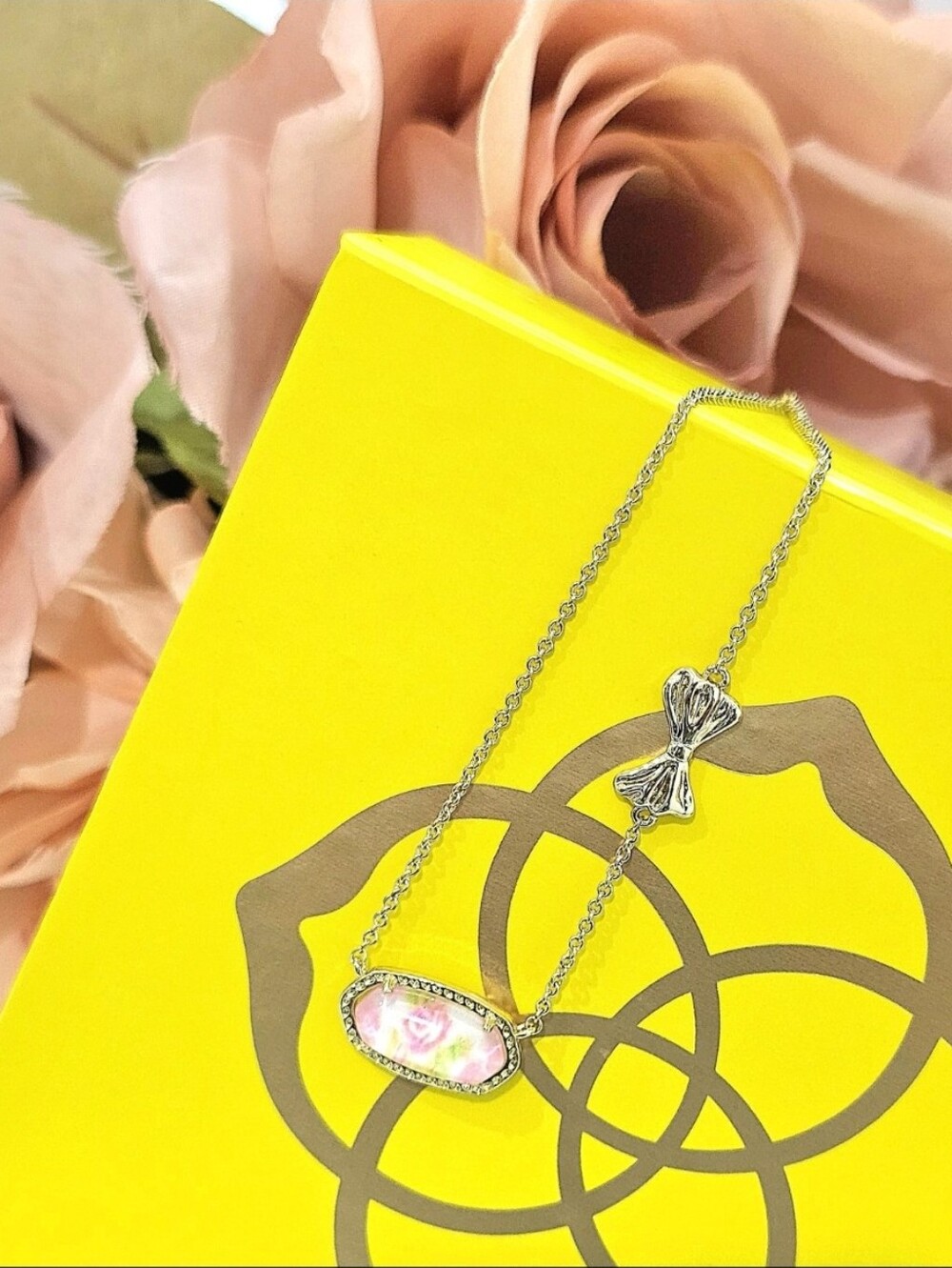 Kendra Scott Gold Necklace with Pink Floral Oval Pendant